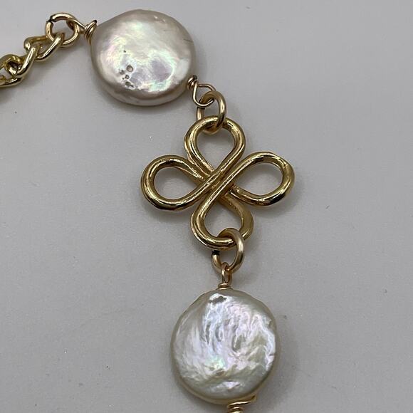 Designer Coin Pearls Necklace Gold Plated Knot Design 16 In Choker Signed - Picture 6 of 7